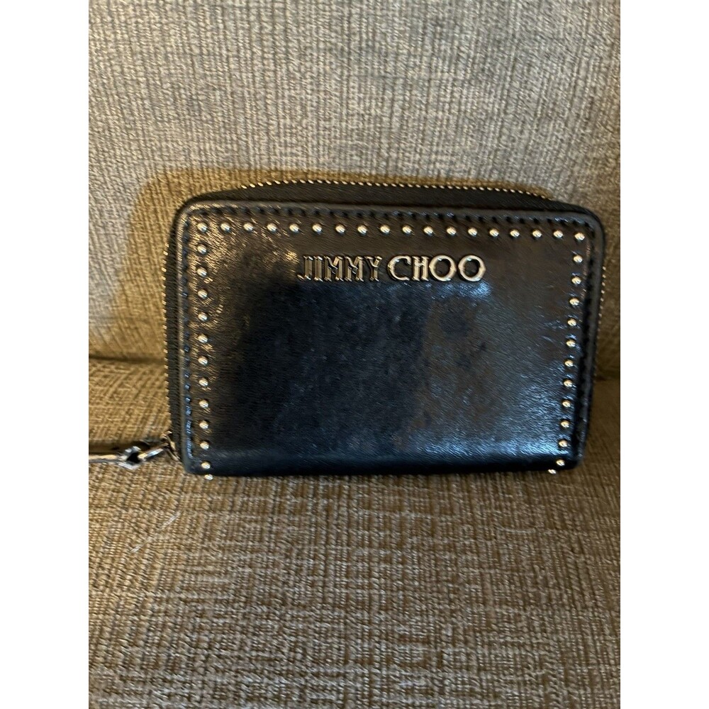 Jimmy Choo Black Studded Card Holder Leather Zipper Wallet